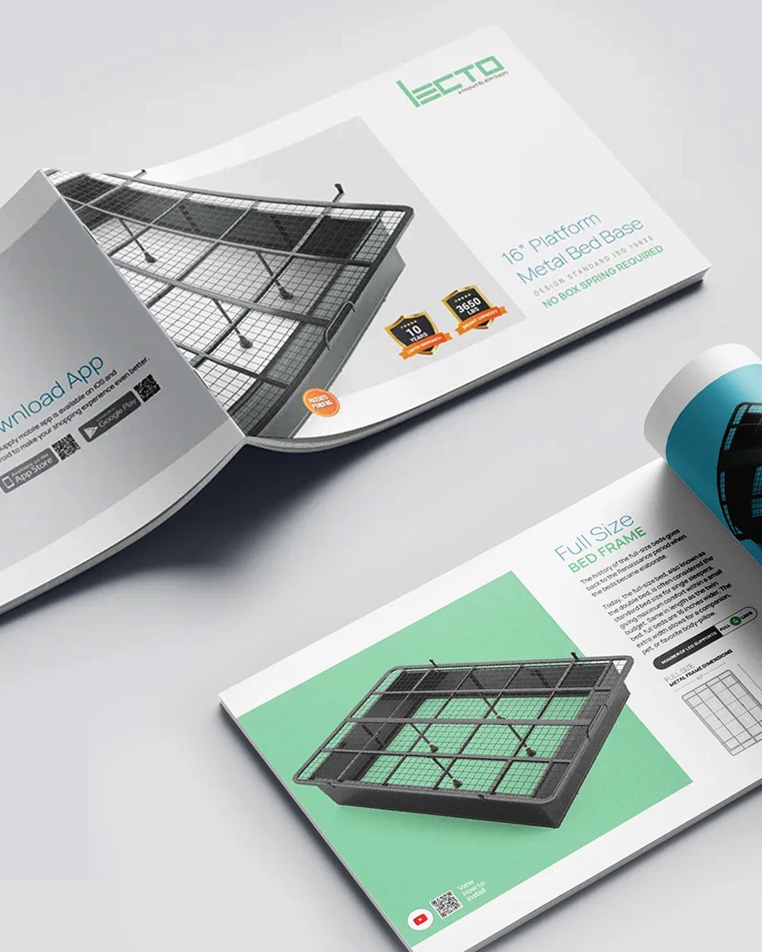 Lecto brochure design by Zero Designs, featuring bed frame product details.