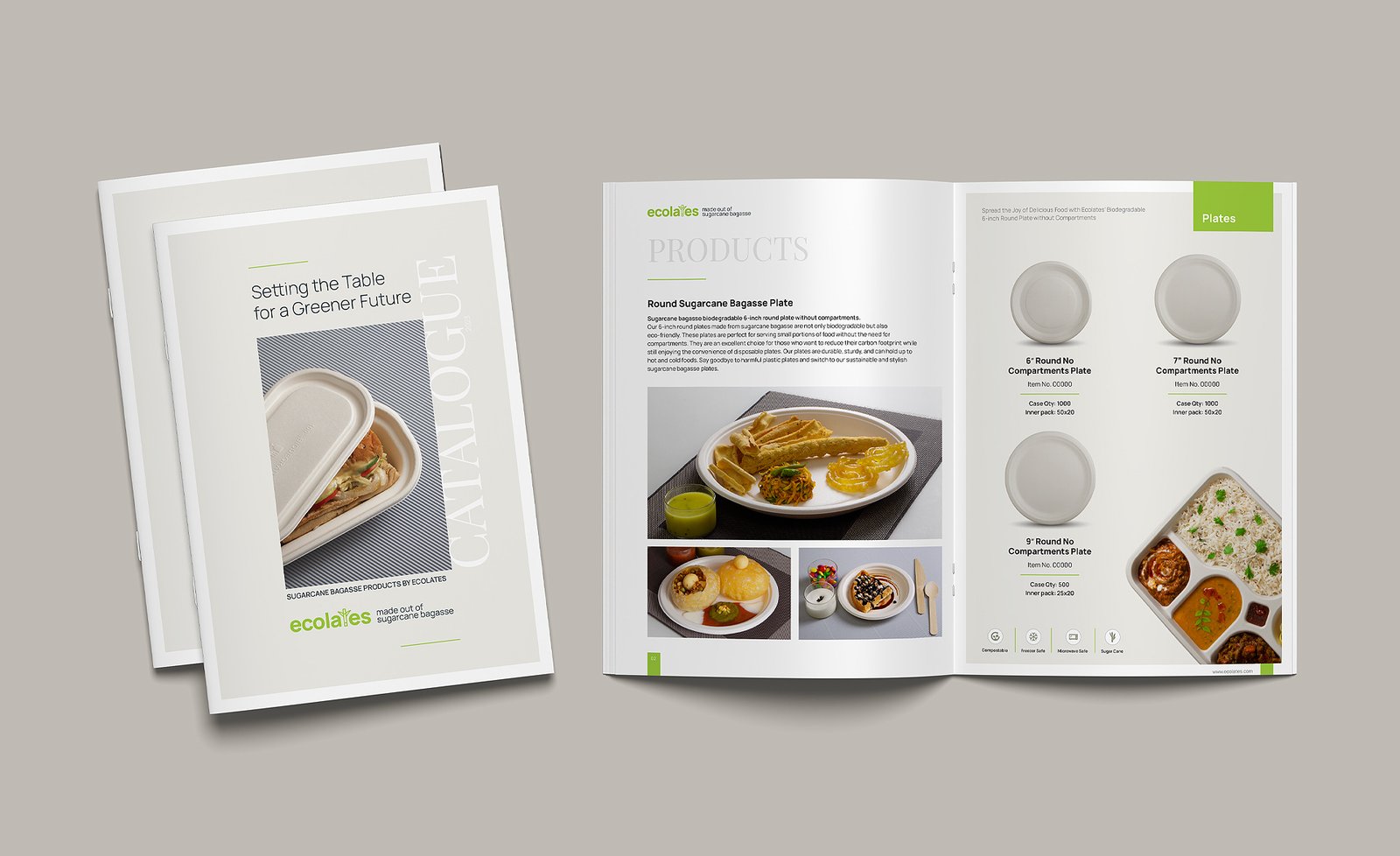 Ecolates catalog design by Zero Designs, featuring biodegradable plates.