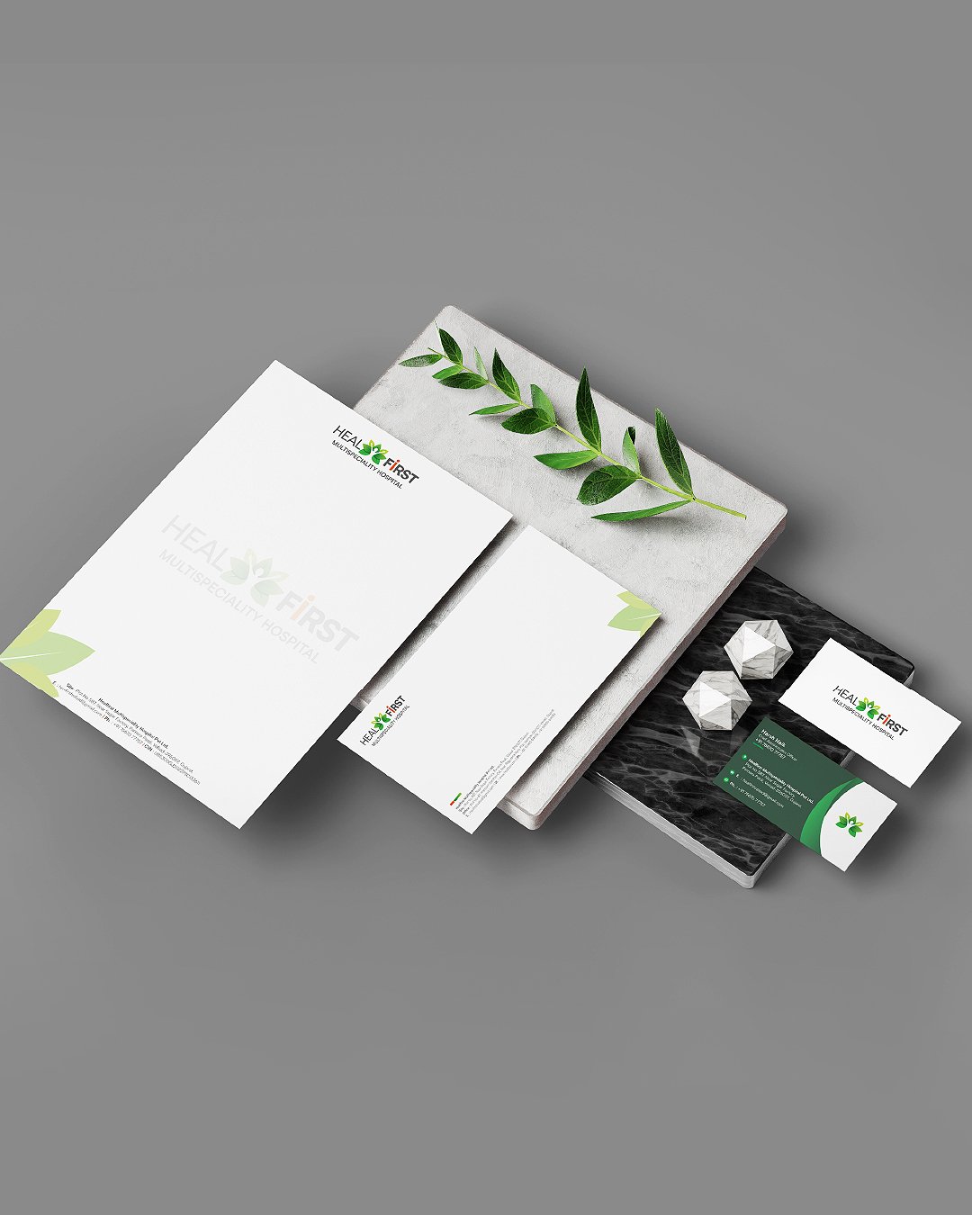 Heal First hospital stationery mockup by Zero Designs.