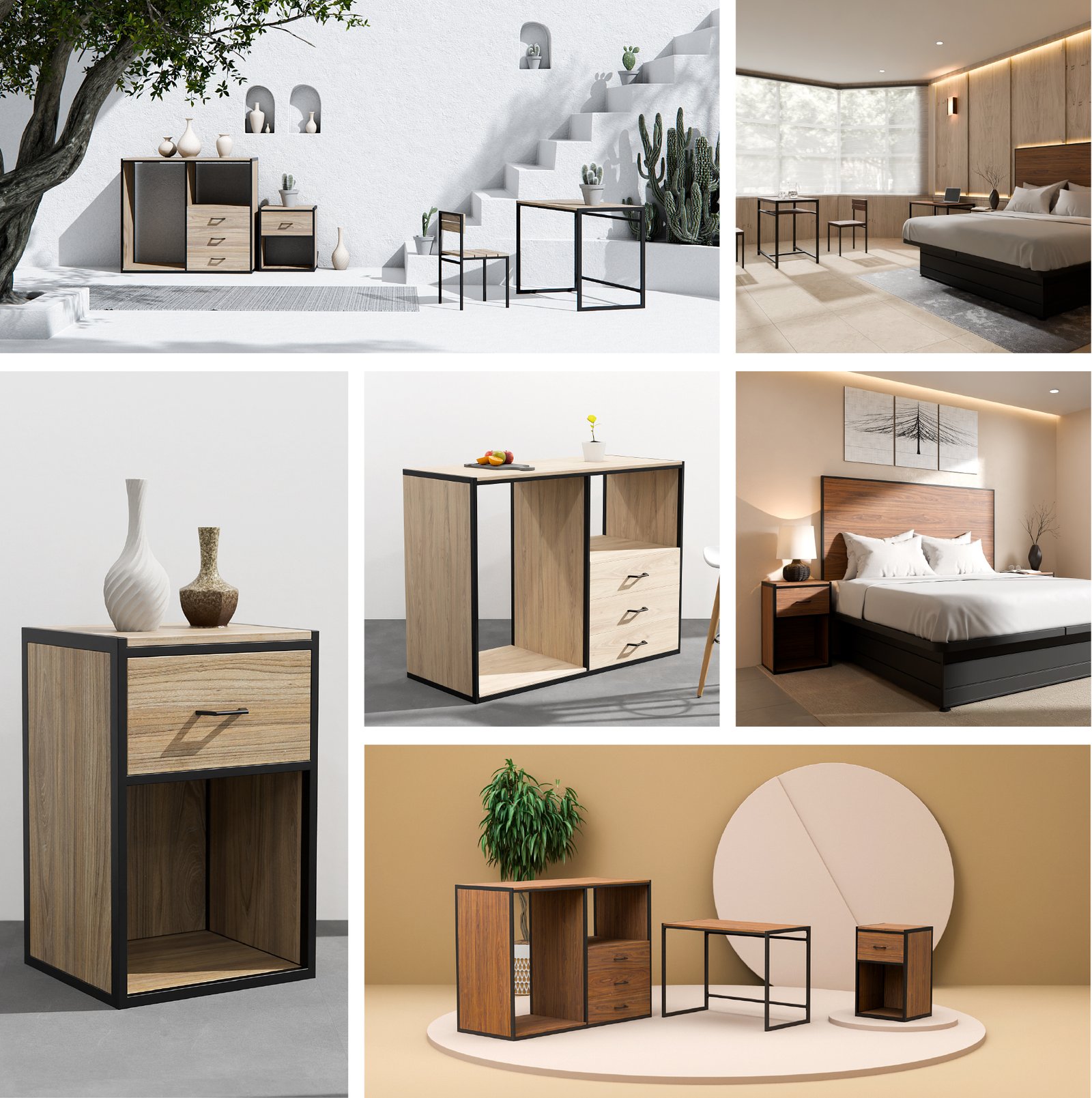 Collage of Holt Furniture showcasing modern beds, nightstands, storage units, desks, and kitchen islands in various styled room settings with minimalist design elements and a consistent aesthetic of wood tones and black metal accents