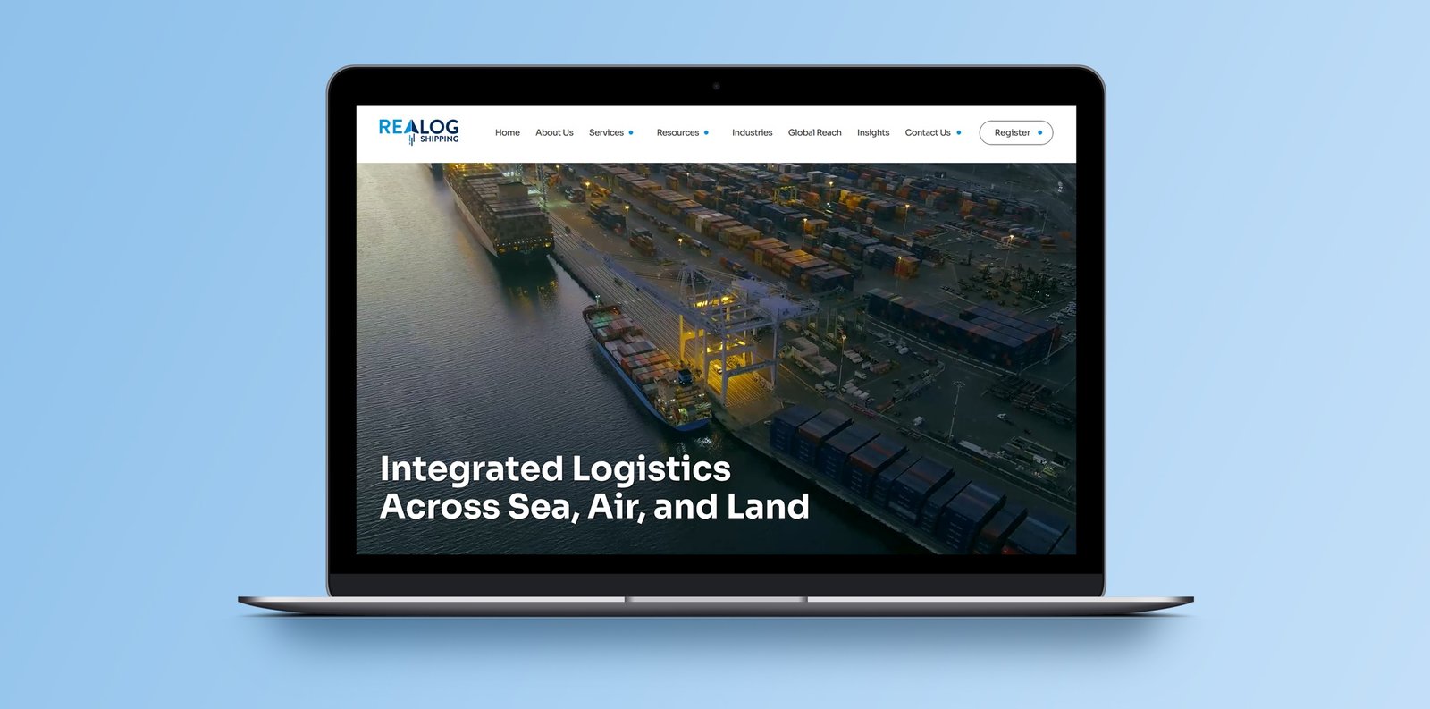 Realog Shipping website design by Zero Designs on a laptop.