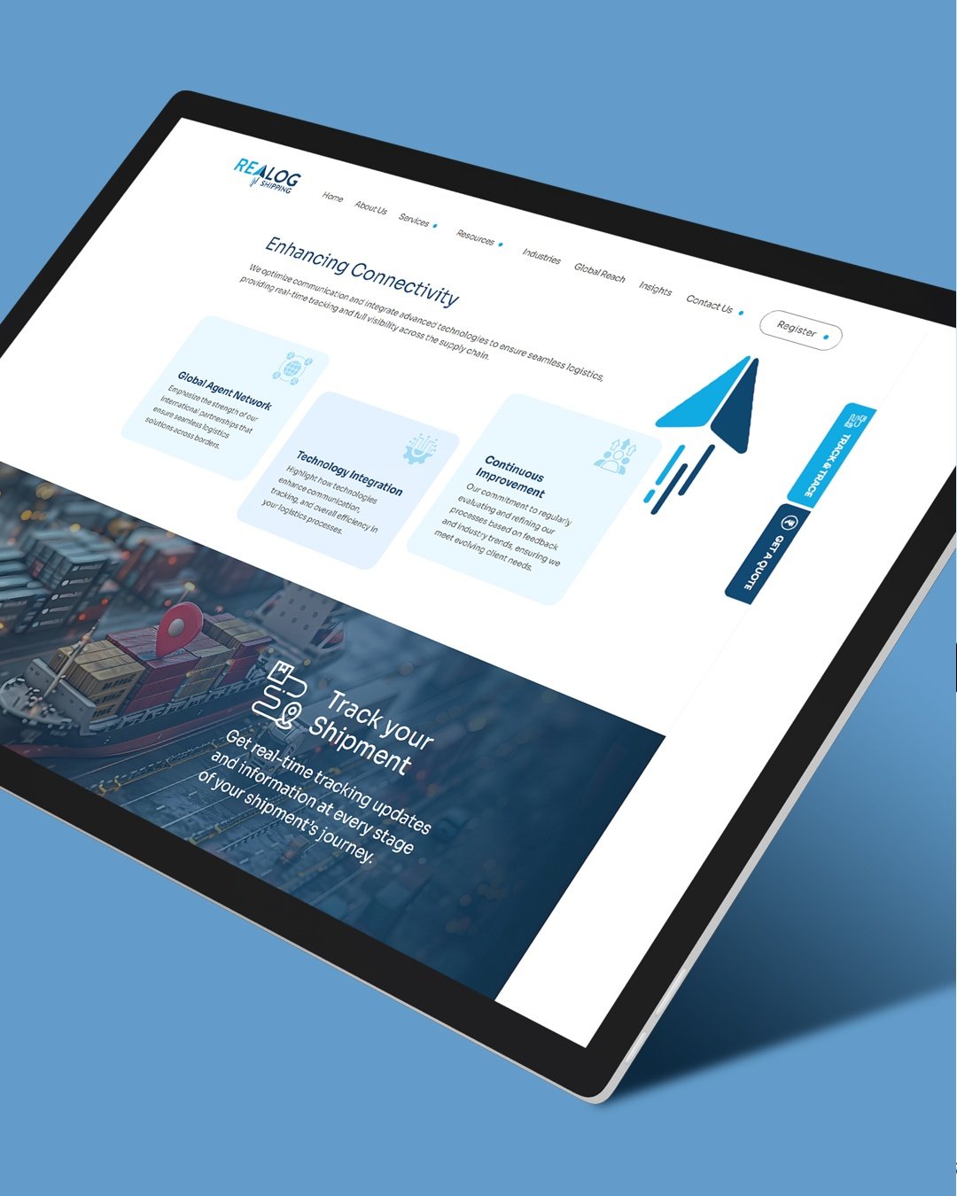 Realog Shipping website design by Zero Designs on a tablet screen.