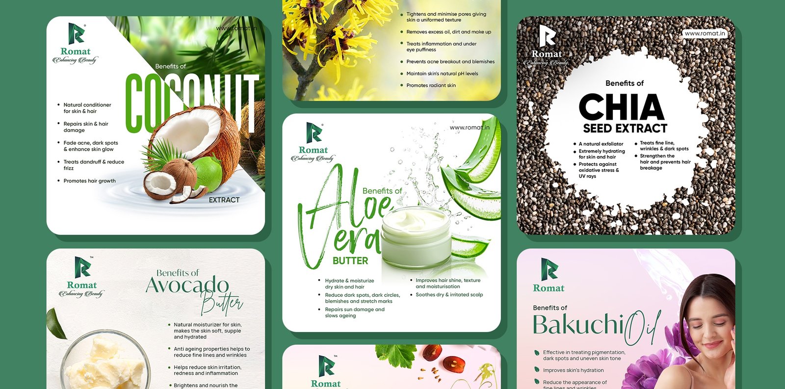 Romat's brand examples: website, 3D images, and marketing designs by Zero Designs.